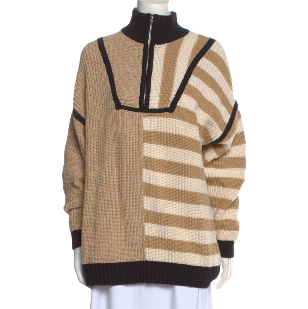 STAUD Beige Cream Striped Cowl-Turtleneck Sweater with Black Trim